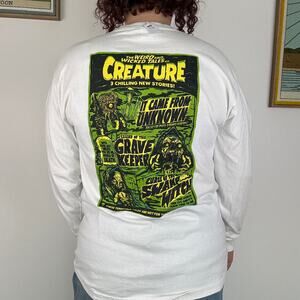 Creature Horror Comic Long Sleeve Graphic Tee White Halloween Goth Shirt LARGE